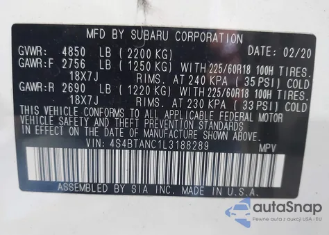 2020 Subaru Outback Limited z USA, uszkodzony, nr VIN 4S4BTANC1L3188289